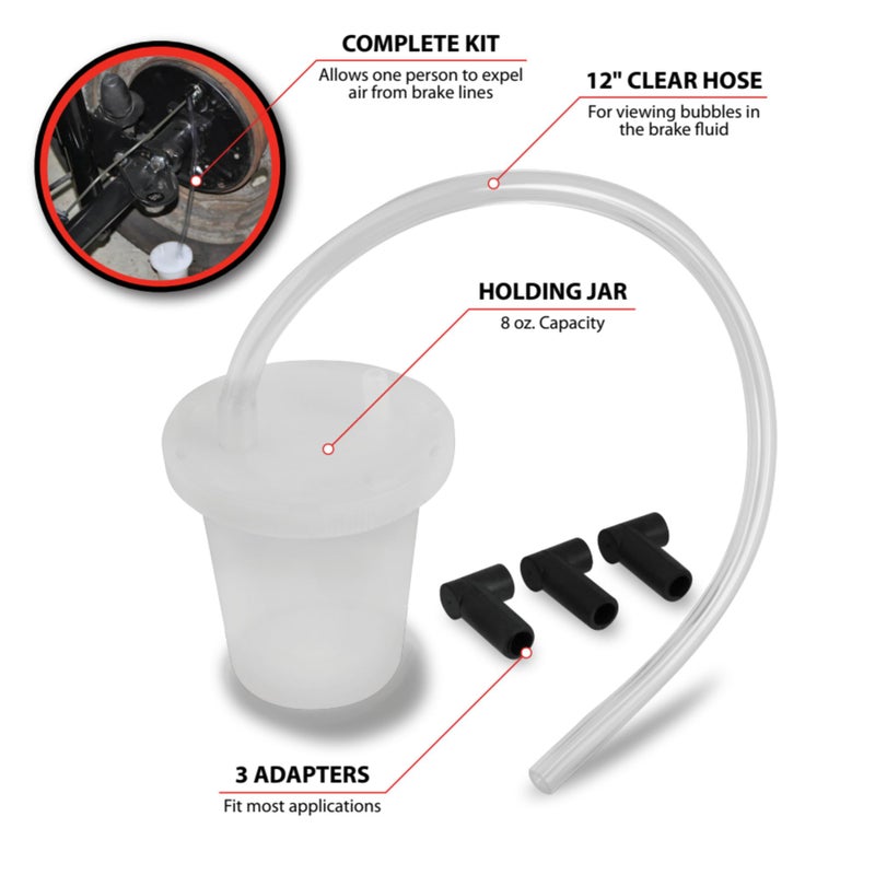 Performance Tool W80626 One Person Brake Bleeder Kit with 3 Adapters, Easily Remove Air from Brake Lines, 12in. Hose Length, 8oz. Cup Capacity - Image 2